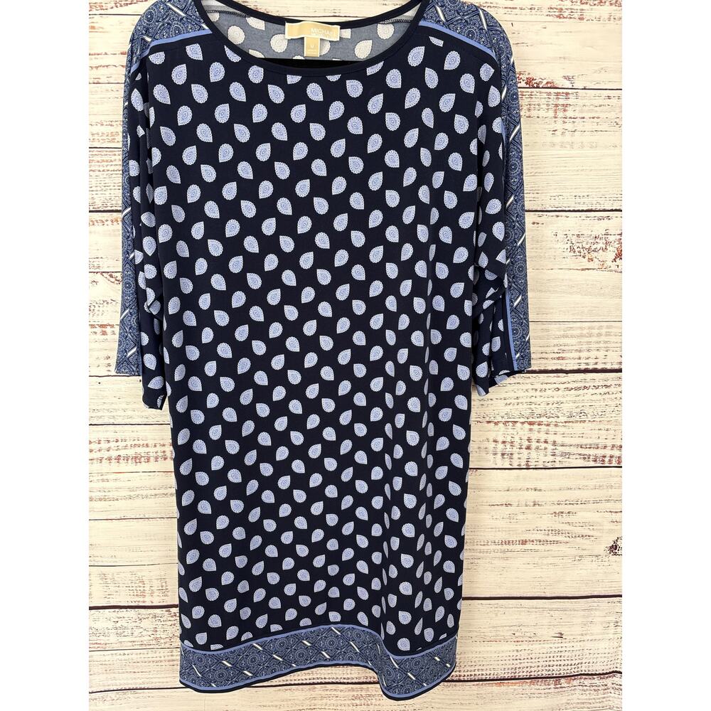 Womens Michael Kors Navy Blue Paisley 3/4 Sleeve Sheath Dress Boho Stretch Sz M